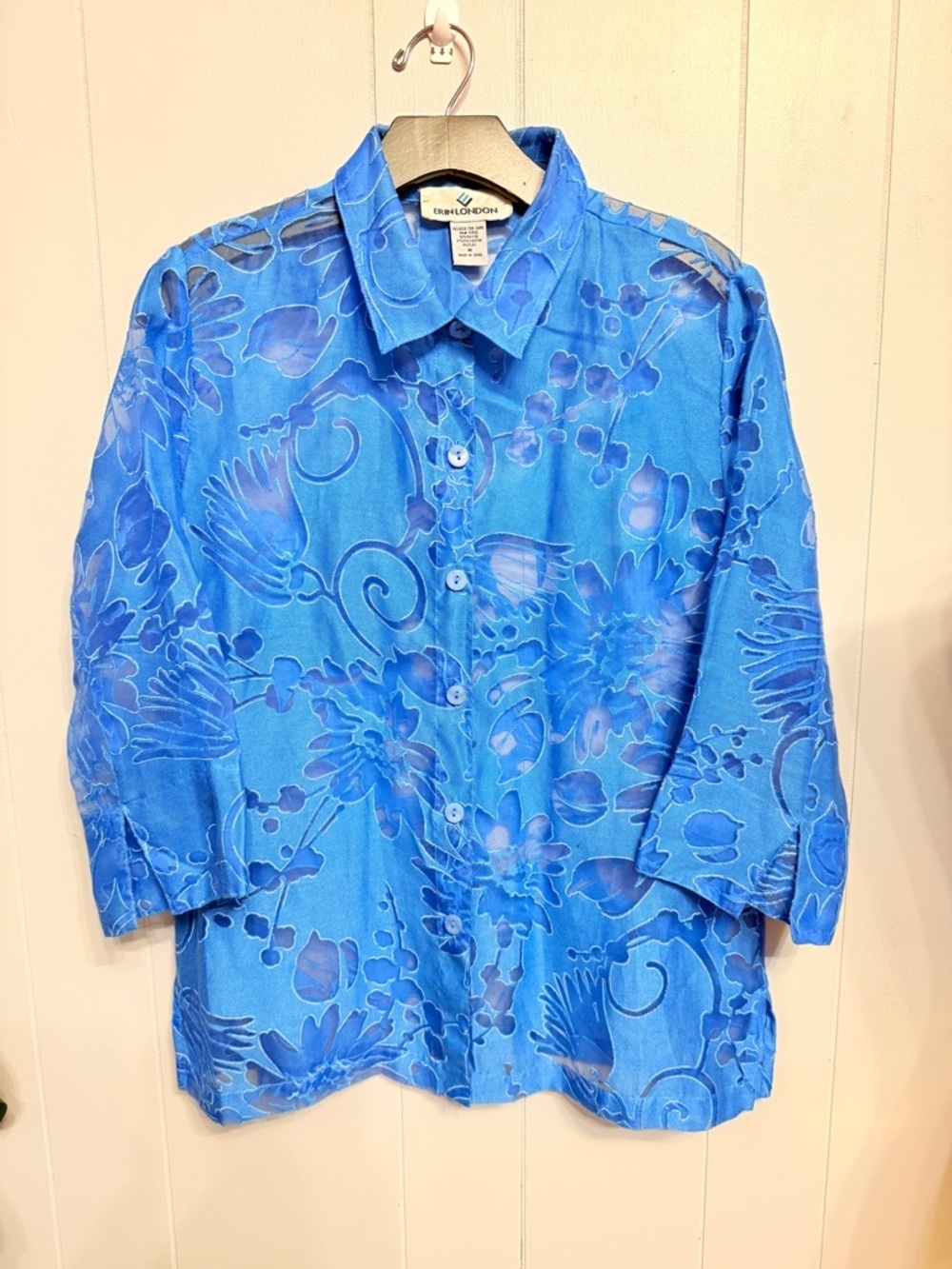 #16)  erin london Blue Floral Button-Down Sheer Shirt
